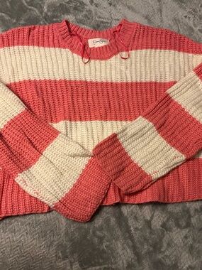 Jessica Simpson Coral and Cream Striped Crewneck Sweater